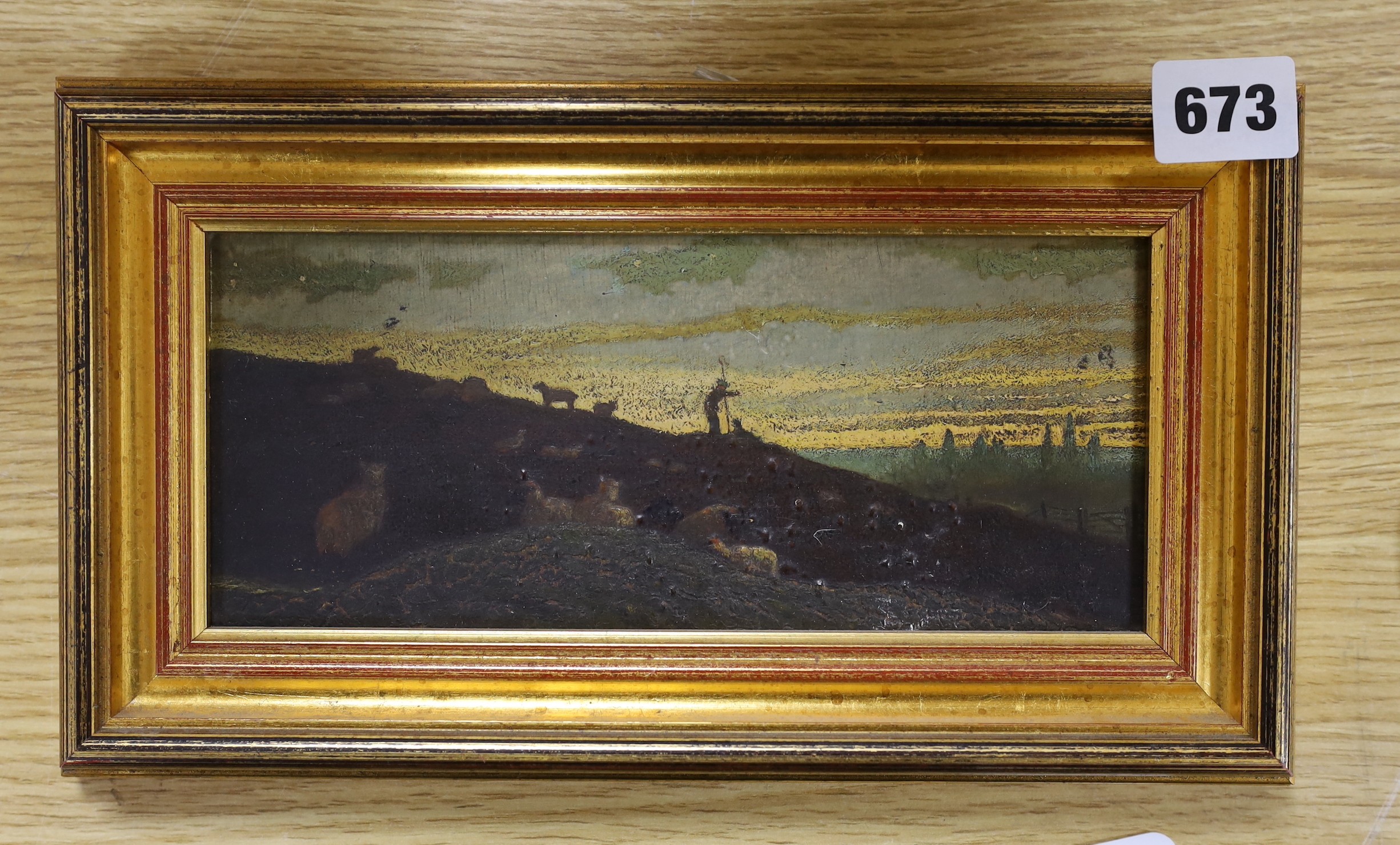 English School, 19th century, oil on board, Study of a shepherd and flock on hillside, 9 x 20cm